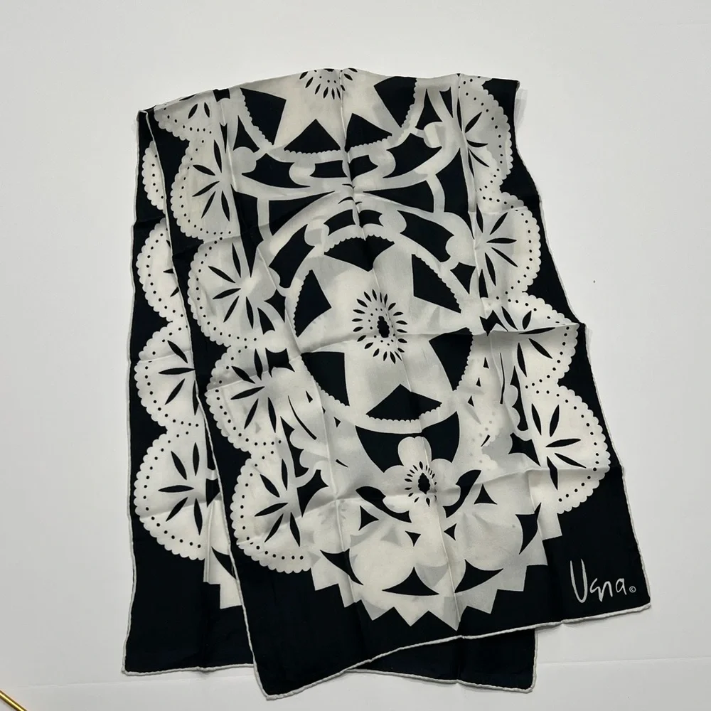 Vintage Vera Neumann black and White Patterned Oblong Scarf 44” x 14” handrolled